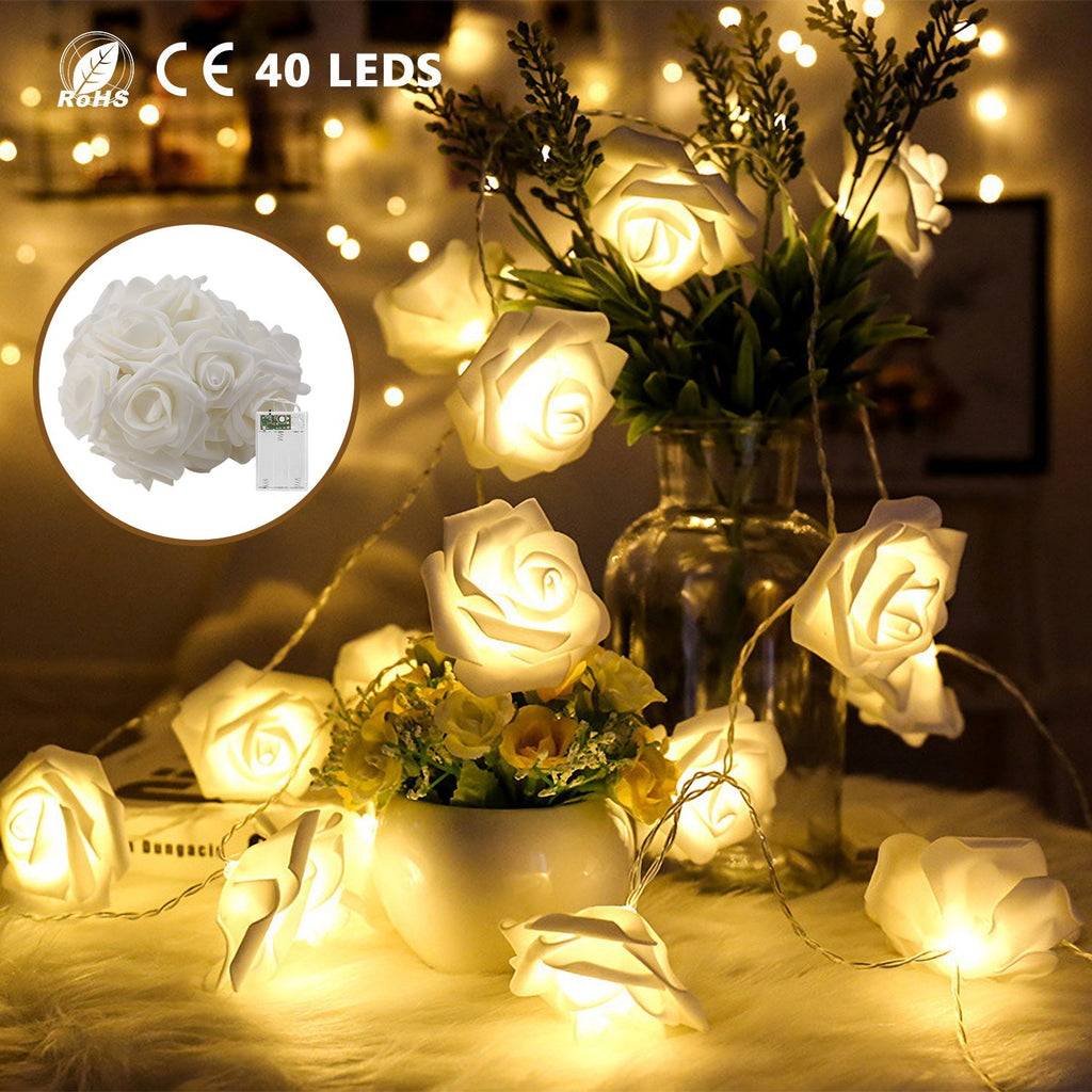 1Pc 40 LEDs Rose Flower String Lights 10ft 3m Battery Operated Decorative Lights For Anniversary Valentine's Wedding Bedroom